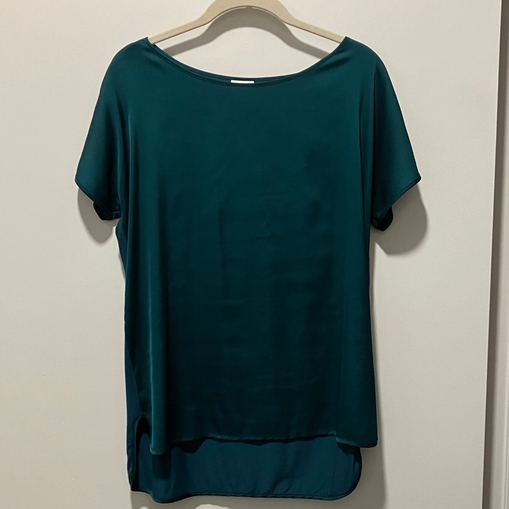 Teal satin mixed media blouse